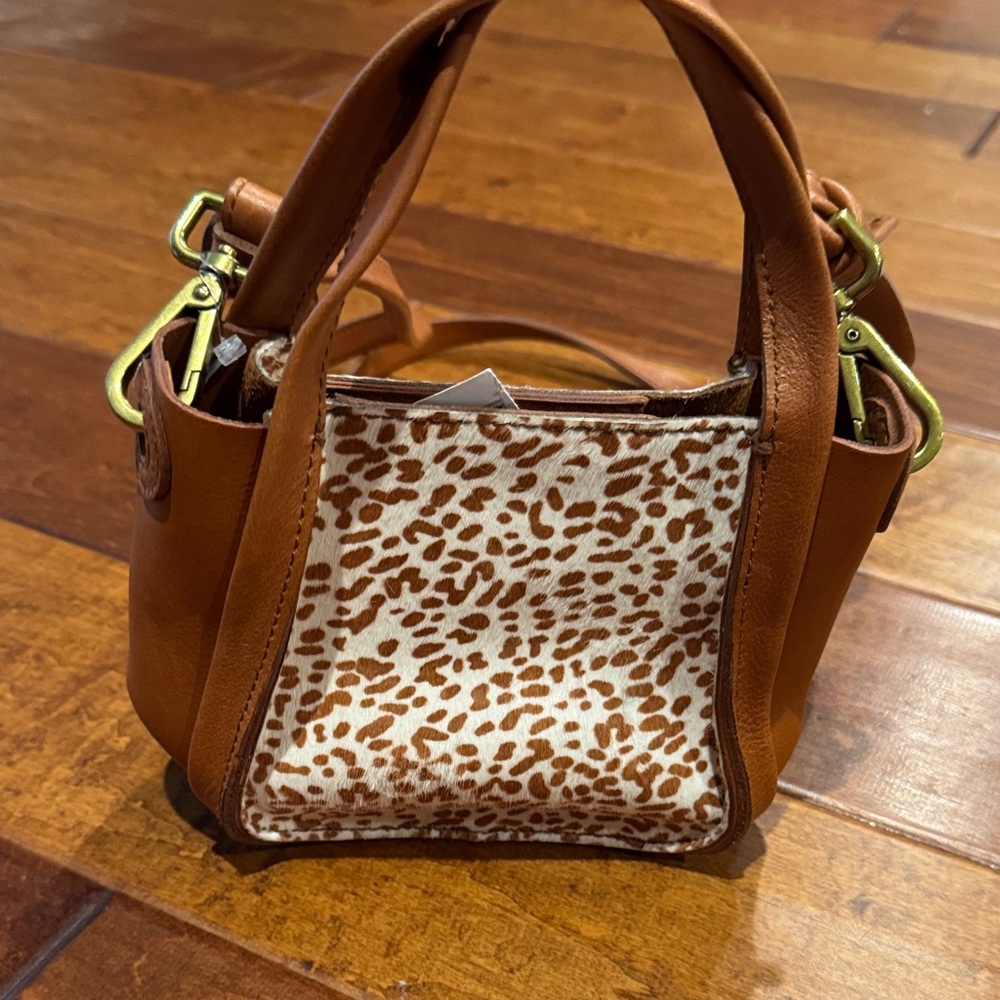 Madewell Mini Tote in Tan with Cream & Brown Leopard Panel